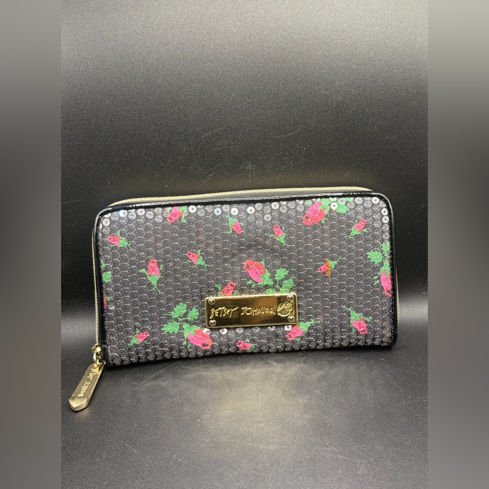 Betsey Johnson Black & Pink Floral Sequins Zippered Wallet Clutch Accessory